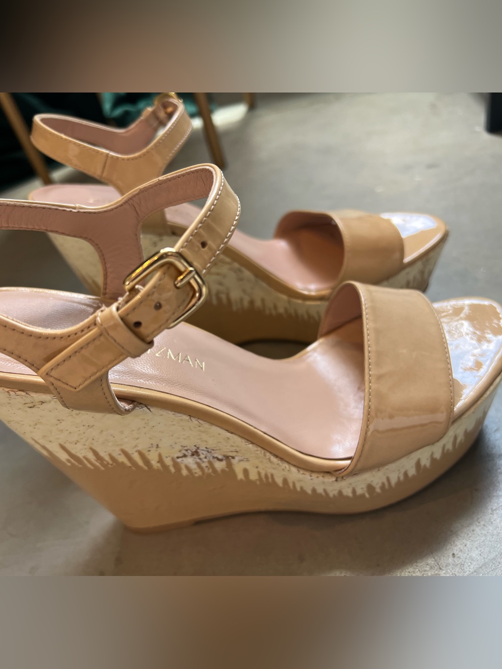 Stuart Weitzman Nude Patent Sky Wedge Sandals 9.5